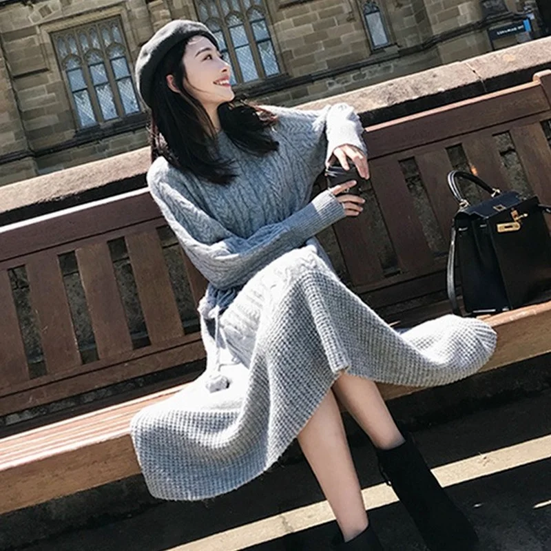 Sweater Ladies Dress Autumn And Winter Lantern Sleeve Long Section Waist Belt Long Sleeve Round Neck Solid Color Dress Women