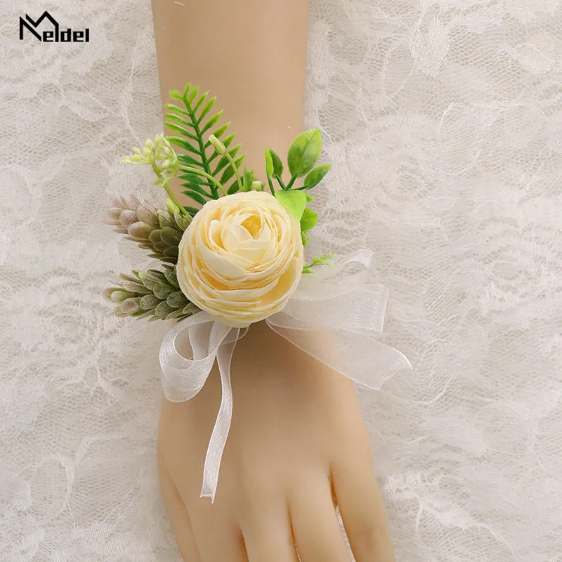 Meldel แต่งงาน Corsages และ Boutonnieres เจ้าบ่าว Boutonniere ผ้าไหมประดิษฐ์ Rose Wedding ข้อมือ Corsage เจ้าสาวสร้อยข้อมือดอกไม้