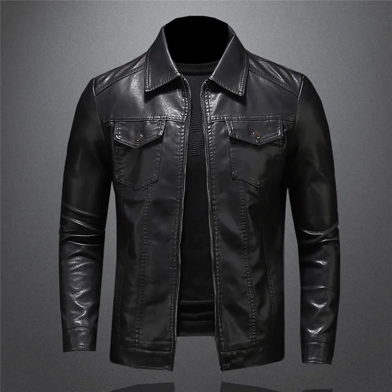 Men\'s Motorcycle Leather Jacket Large Size Pocket Black Zipper Lapel Slim Fit Male Spring and Autumn High Quality Pu Coat M-5Xl