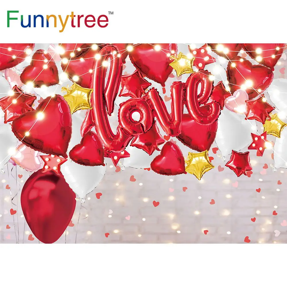 Funnytree Valentine's Day Background February 14 Wedding Heart Brick Wall Balloon Bokeh Glitter Love Photography Backdrop Banner