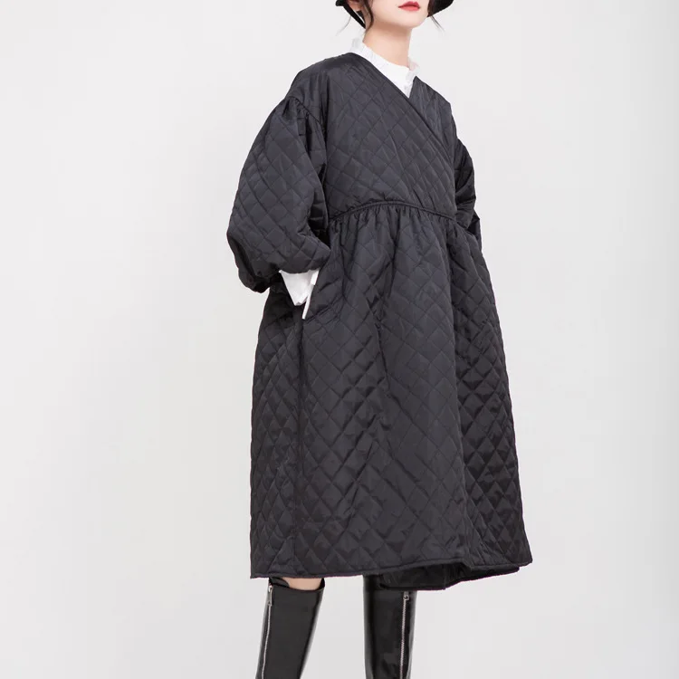 Female new autumn and winter korean style sweet Retro lantern sleeve rhombus embossed long Korean cotton coat