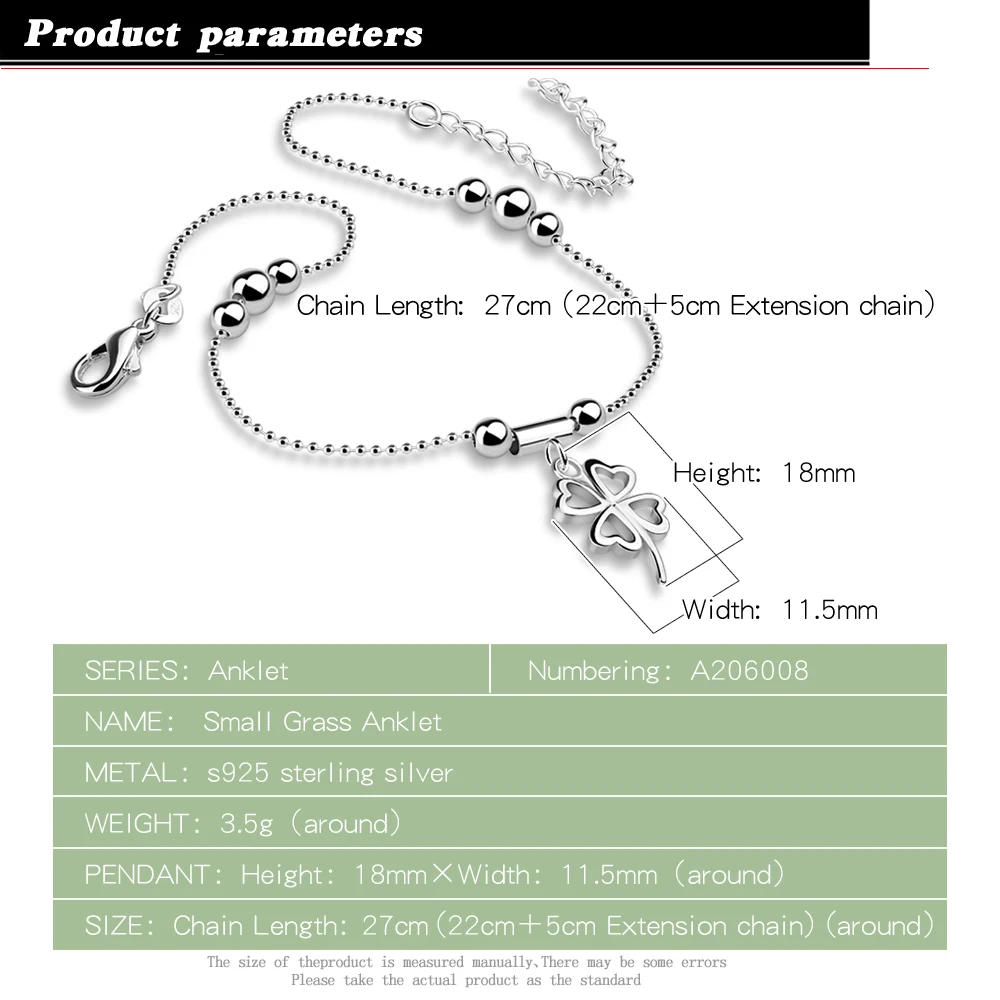 100% 925 Sterling Silver Bohemian Fashion Clover Ankle Foot Beach Bell Ankle Women and Girls Barefoot Chain Jewelry Summer Gift