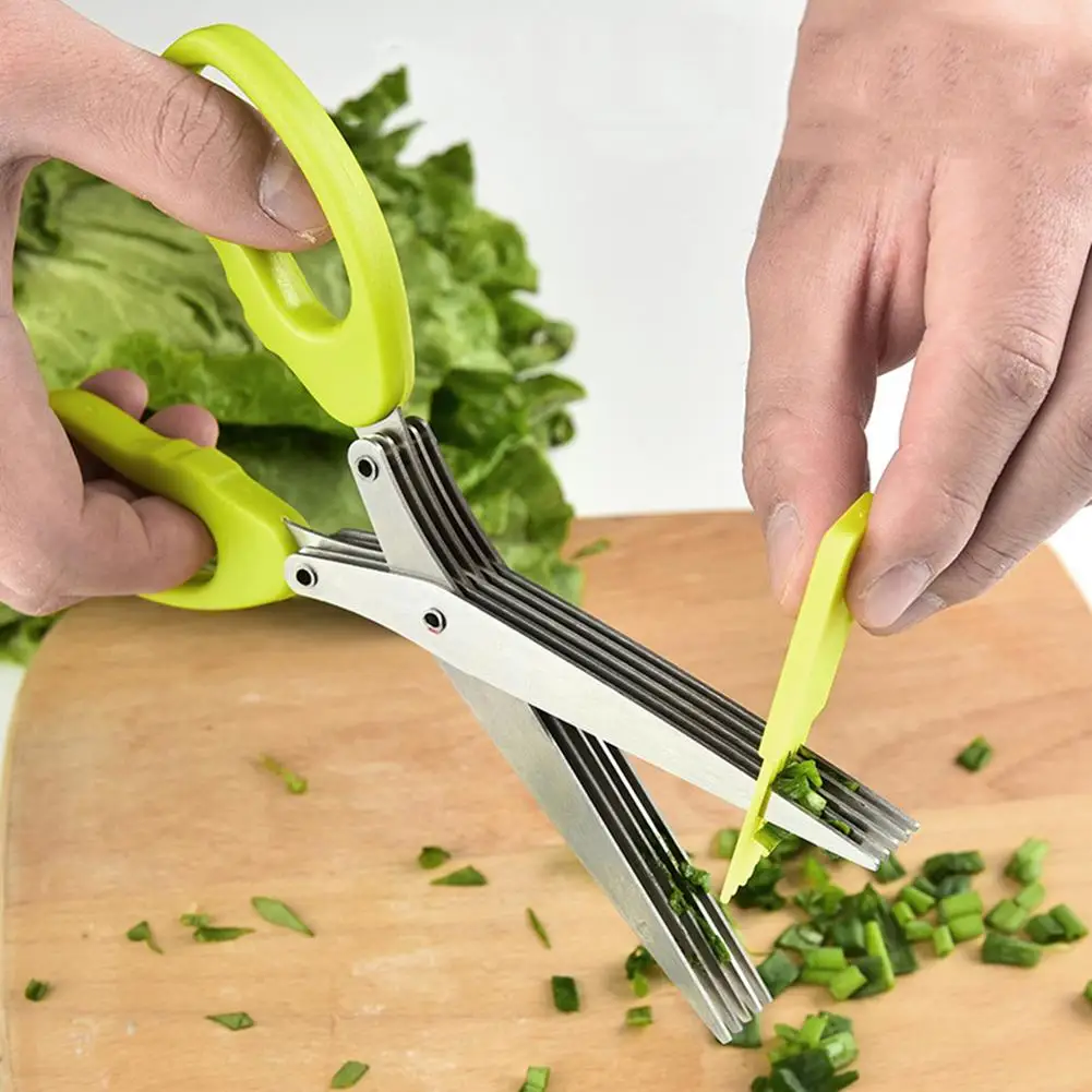 Multi-layer Kitchen Multifunctional Stainless Steel 5 Layer Green Onion Scissors Leek Parsley Cutting Onion Knife Shredded Paper