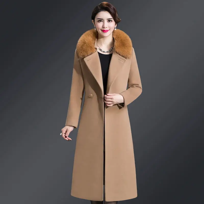 High Quality Big Fur Collar Woolen Coat Women Belt Knee-Length Double Breasted Mid-Long Woolen Jacket For Autumn Winter Outcoat