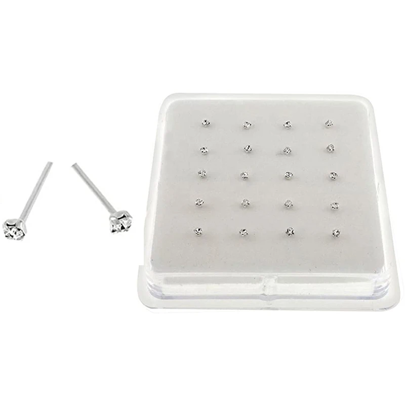 20 Pcs Straight Pin Nose Stud Nose Stud Box 2mm with End Ball Crystal Nose Piercing Body Jewelry Nose Studs Rings Piercing Pin