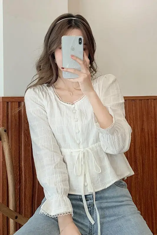 2021 Spring White Shirt Round Neck Flared Sleeve Cotton Blouse with Belt Button Short Style Ruffled Top Womens Tops and Blouses