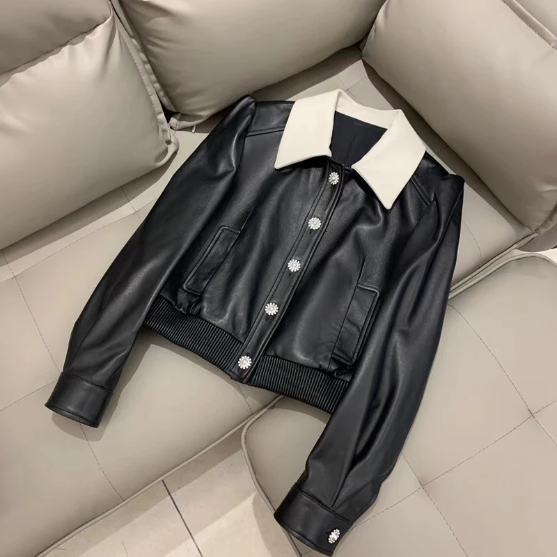 Women\'s Short Coat with Turn-Down Collar,Genuine Leather Jacket,Casual Style,High Quality,Spring and Autumn,New Arrival,FN7667