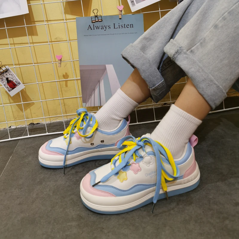 Lolita shoes sweet princess daily japanese Girls student colorful laces sneakers cute  Flat Platform shoes college style cos