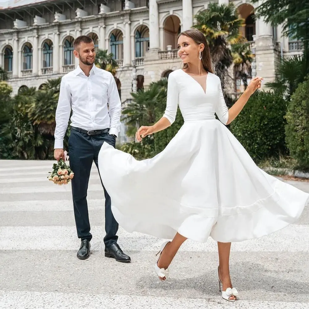 Vestido De novia corto De gasa con cuello en V, sencillo, hecho a medida, De manga larga, barato, 2021