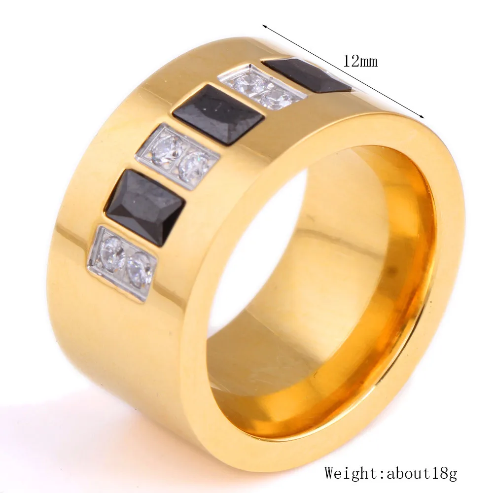 Gold Color Stainless Steel White/Black CZ Zircon Channel Setting Wedding Ring for Women