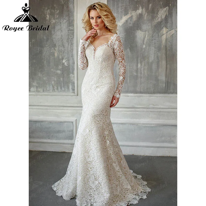 Vestido de novia de manga larga con escote en V y espalda descubierta, vestido de sirena encantador para playa, cola de sirena, corte sirena, Roycebridal