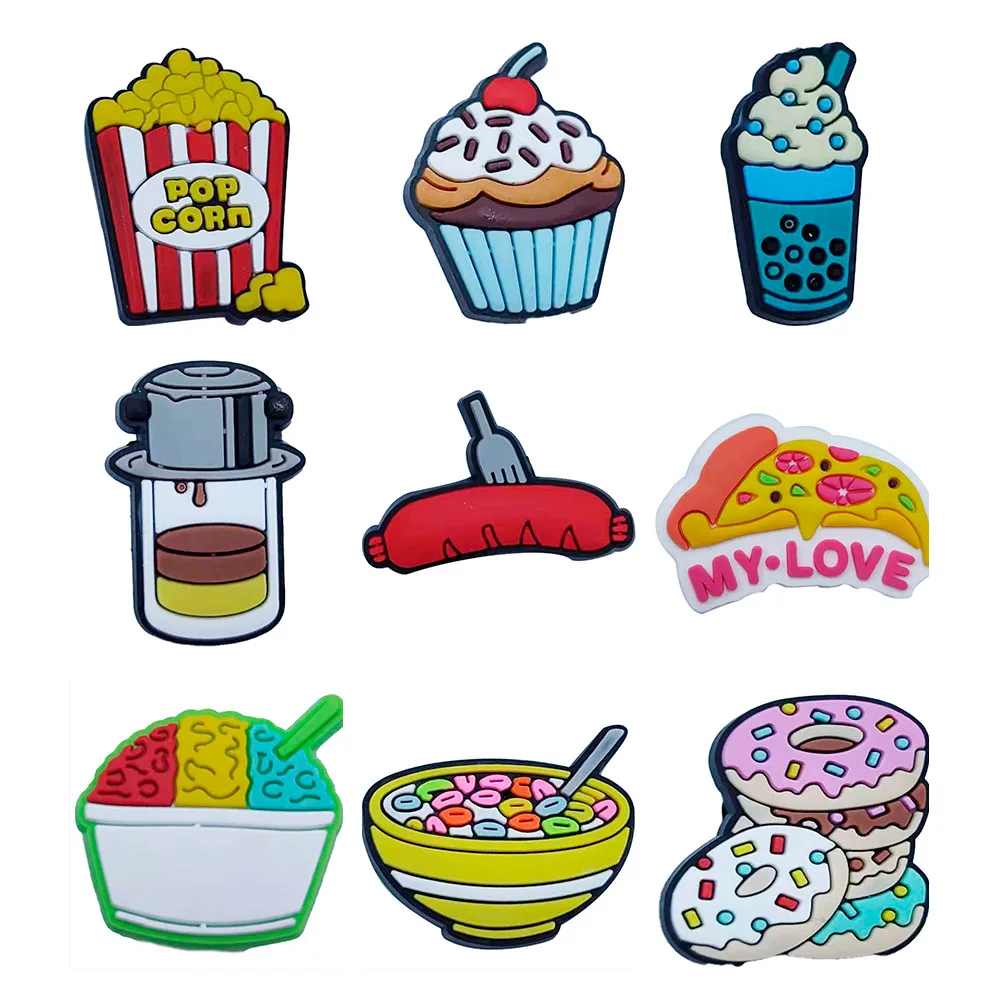 1PCS PVC Shoe Charms Kawaii Popcorn Cupcakes Milk Tea Coffee Maker Sausage Pizza Shaved Ice Donuts Children Adorable Decorations