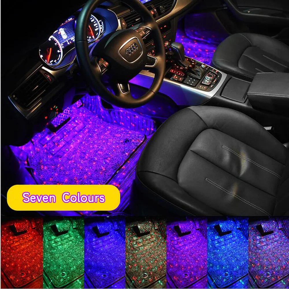 Car LED Ambient Foot Footwell Lights RGB Star Starry Atmosphere Under Dash Floor Glow Lamp Music Voice Control Wireless Remote