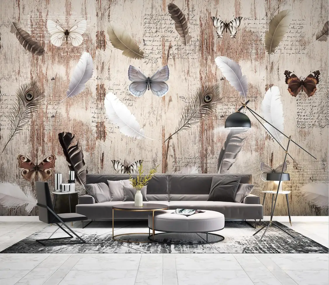 Custom wallpaper Feather butterfly vintage wood mural home decoration living room bedroom hanging picture 3d wallpaper photos