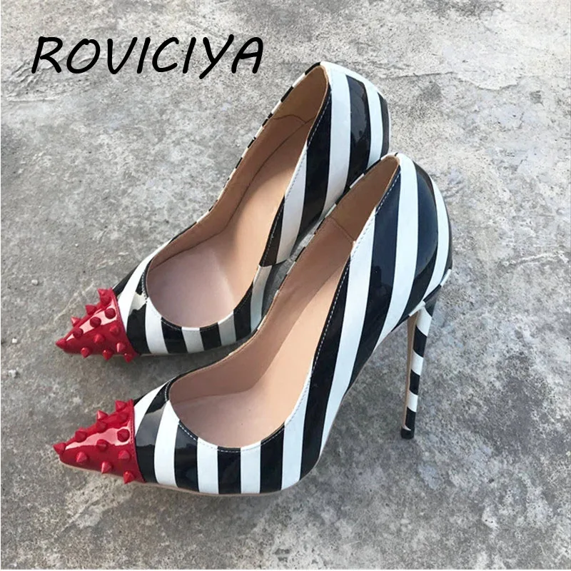 

Stripes Women Pumps 12cm High Heels Pointed Toe Party Wedding Stiletto Shoes Black White with Rivet Thin Heels MD004 ROVICIYA