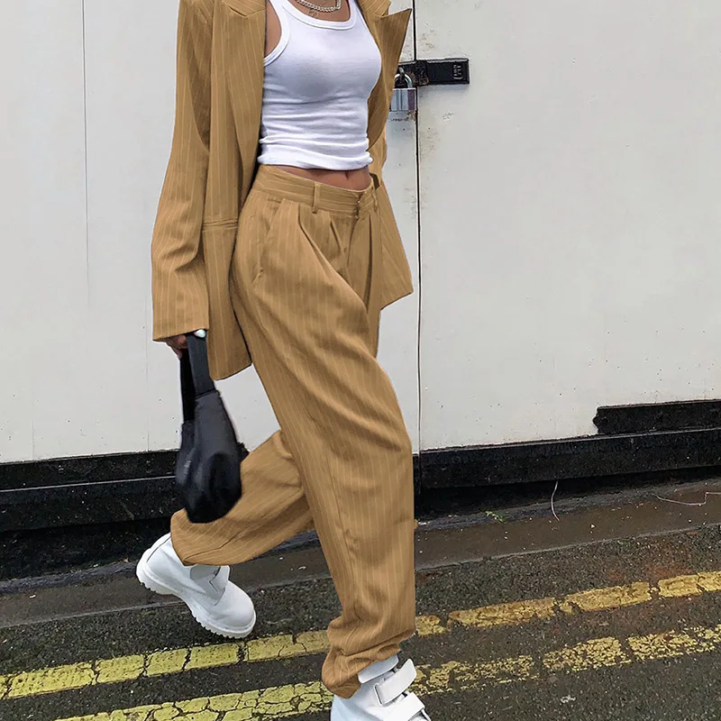 

Women Fashion Striped Suit Pants Straight Pants Women's 2020 Summer Lightweight Loose Womens Pants Gray Hip Hop Wide Leg Pants