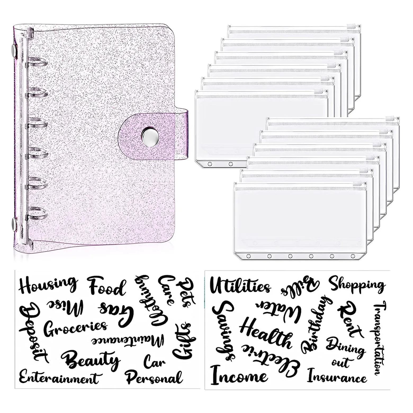 15 Pieces A7 Soft PVC 6-Ring Binder Cover 12 Mini Binder Zipper Pockets and 2 Sheets Cash Envelope Sticker for Budget Planner