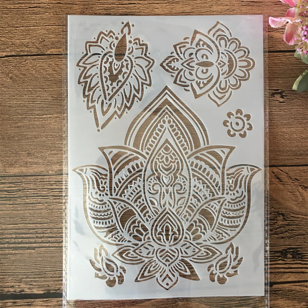 A5 21cm mandala folhas de lótus camadas estênceis pintura scrapbook coloração gravação álbum modelo decorativo