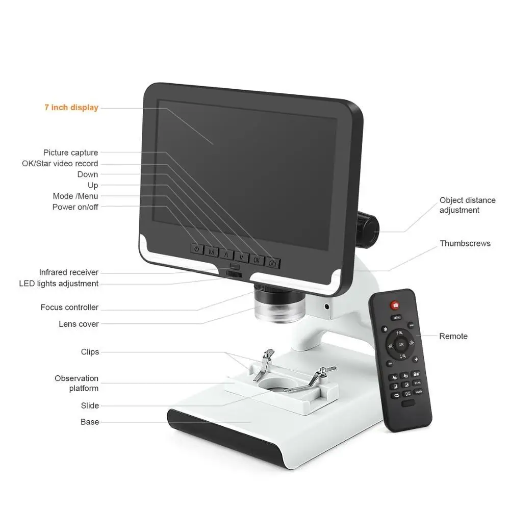 2MP 1080p 200x Digital Microscope 7 Inch LCD Screen Microscopes with Plastic Stand for School Student Coins Jeweler