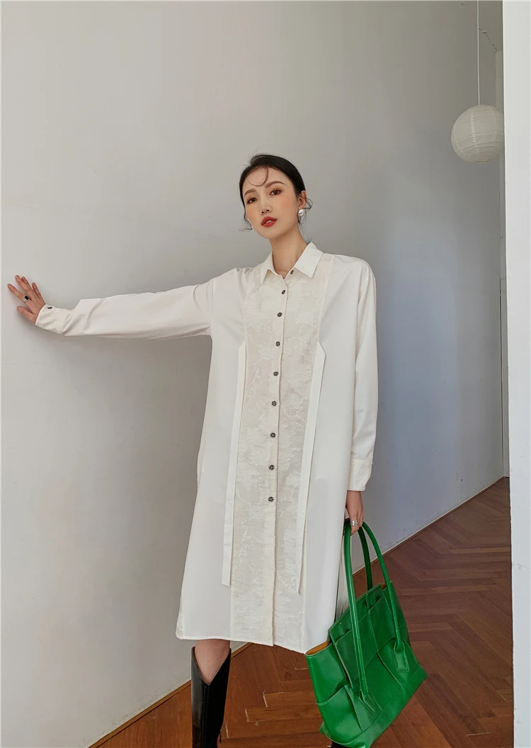 CHEERART Spring 2021 Fashion Women Long Shirt Dress Patchwork Lace White Long Sleeve Designer Button Up Collar Midi Dress