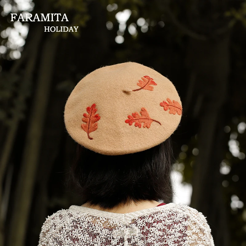 Faramita Holiday Women Defoliation Handmade Wool Felt Berets 2021 New Kids Child Painter Hats Beret Round Hat Caps Leaves 3D