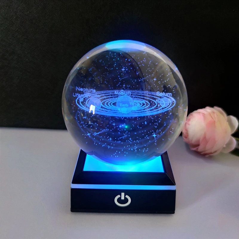 3D Solar System Glass Ball Planet Galaxy Hologram Image with Touch Switch LED Light Base Glass Sphere Craft Supplies Wholesale