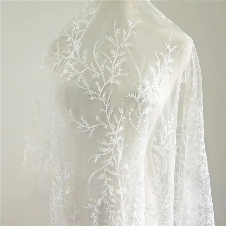 Exquisite Venice Lace Fabric In Ivory Leaf Embroidered Tulle Fabric For Wedding Bridal Gowns 1 Meter