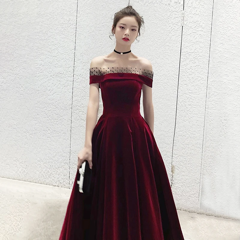 Evening Dresses Off the Shoulder Dots Burgundy Velour Pleat A-line Floor-length Plus size Customized Lace up Formal Dress A001