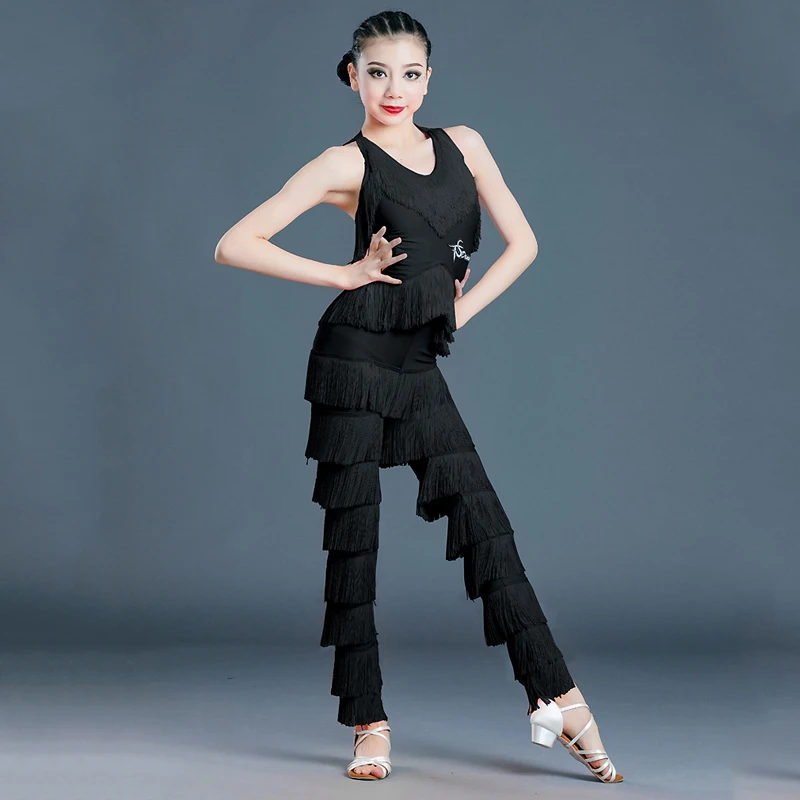 New Latin Dance Dress Girls Clothes Dance Performance Suit Children Fringe Jumpsuit Women Sleeveless Tassel Latin Pants BL3472