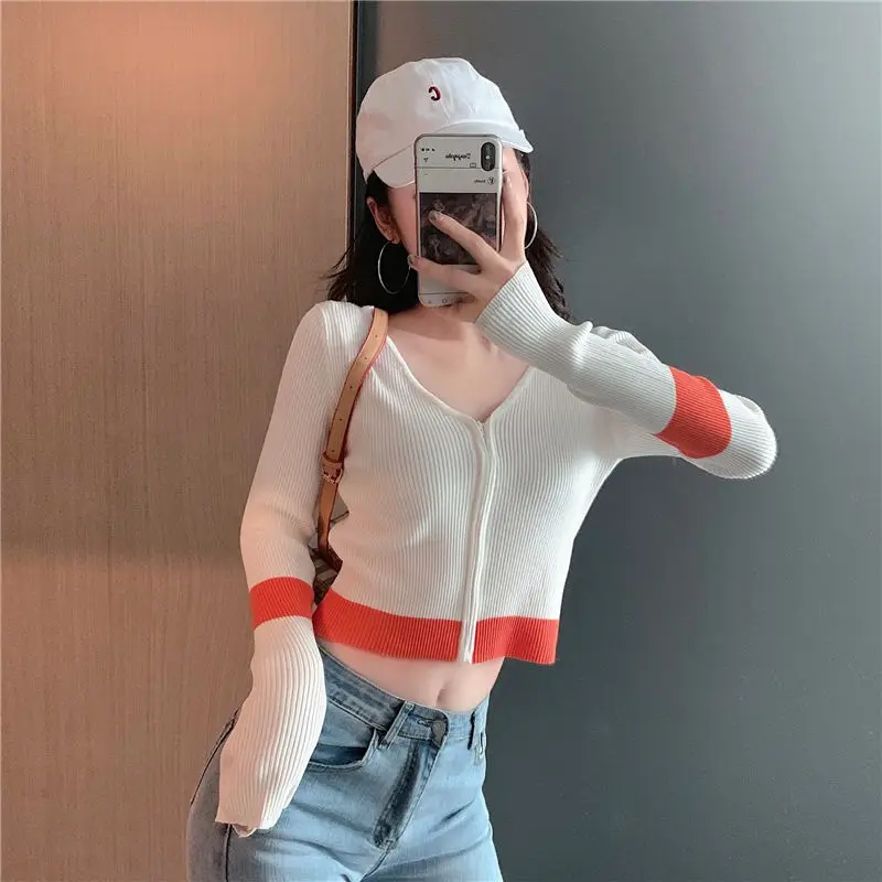 

Woman Sweaters Pull Hiver Zipper Color Matching Sweater Women's V-neck Midriff-Baring Top Femme Chandails