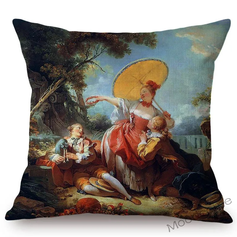 Rococo Style The Sewing See-saw Reader Girl Stolen Kiss Famous Oil Painting Pillow Case Jean Honore Fragonard Sofa Cushion Cover