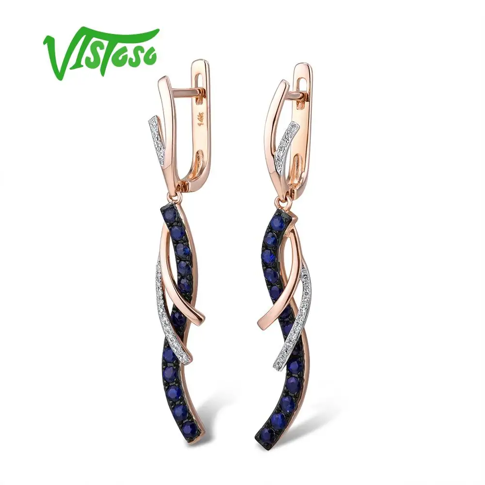 VISTOSO – boucles d'oreilles pendantes pour femmes, bijoux fins en or Rose 14K 585, diamant scintillant, saphir bleu brillant