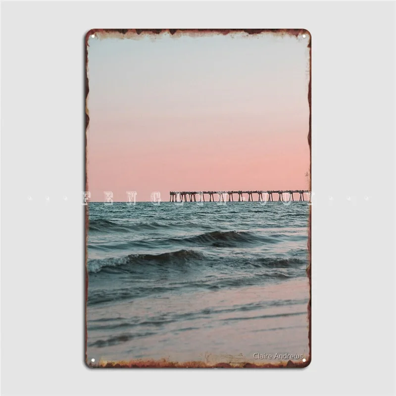 Pink Skys With Boardwalk Along The Ocean Metal Sign Wall Pub Cave Pub Printing Wall Decor Tin Sign Poster