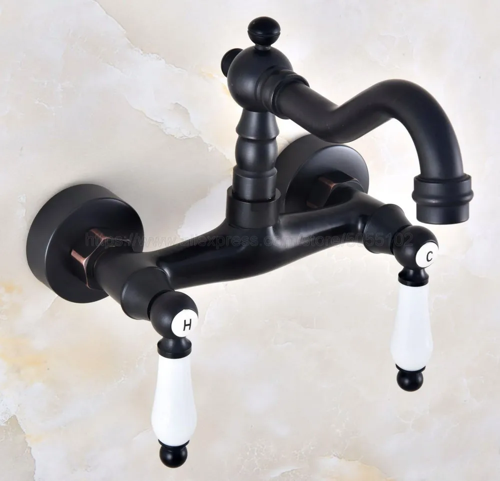 

Oil Rubbed Bronze Bathroom Basin Swivel Spout Faucet Wall Mounted Dual Ceramic Handles Vessel Sink Mixer Taps znf823