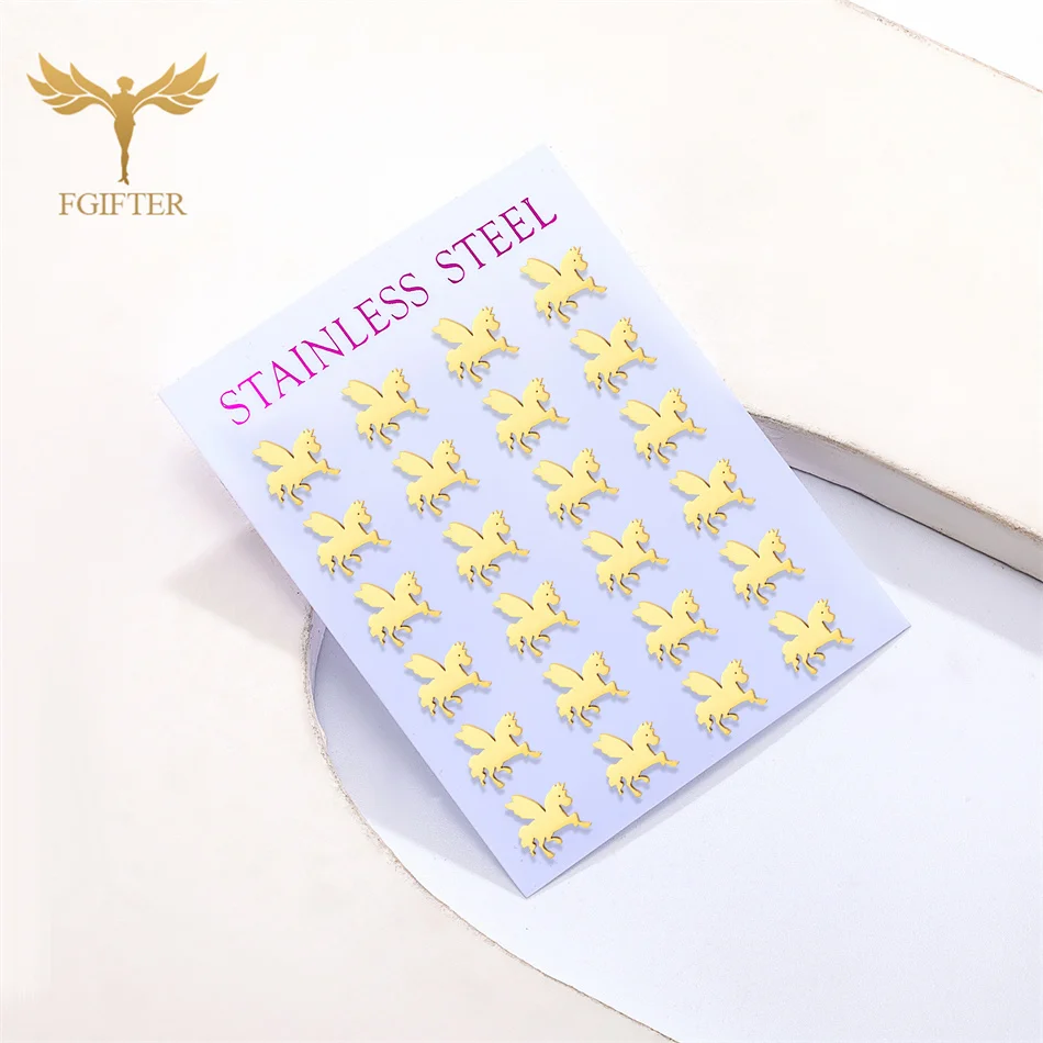 12 Pairs Cartoon Pegasus Stud Earrings Set Animal Horse With Wing Golden Stainless Steel Jewelry Wholesale Children Girls Gifts