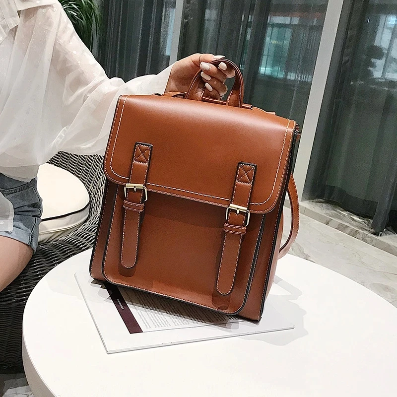 Preppie style women Backpack Pu Leather Shoulder Bag multi-function Female Backpack Vintage School Bag for Girls Leisure Bag Sac