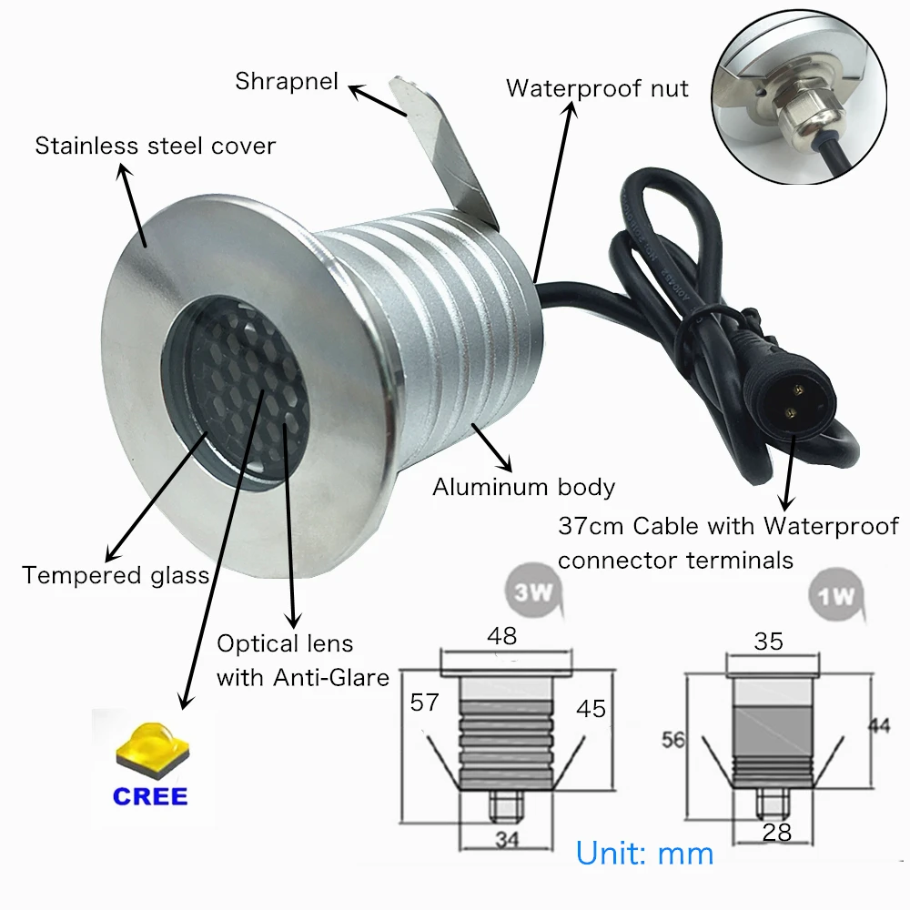 IP67 Anti-Glare Led Underground Light 3W 1W Waterproof Ground Garden Floor Lamp 12V 24V Outdoor Recessed Inground Yard Lighting