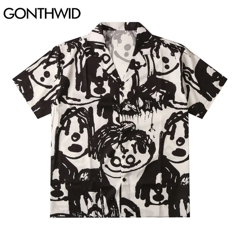 GONTHWID Hawaiian Beach Shirts Harajuku Graffiti Cartoon Print Shirt Streetwear Hip Hop Summer Casual Aloha Fashion Button Tops