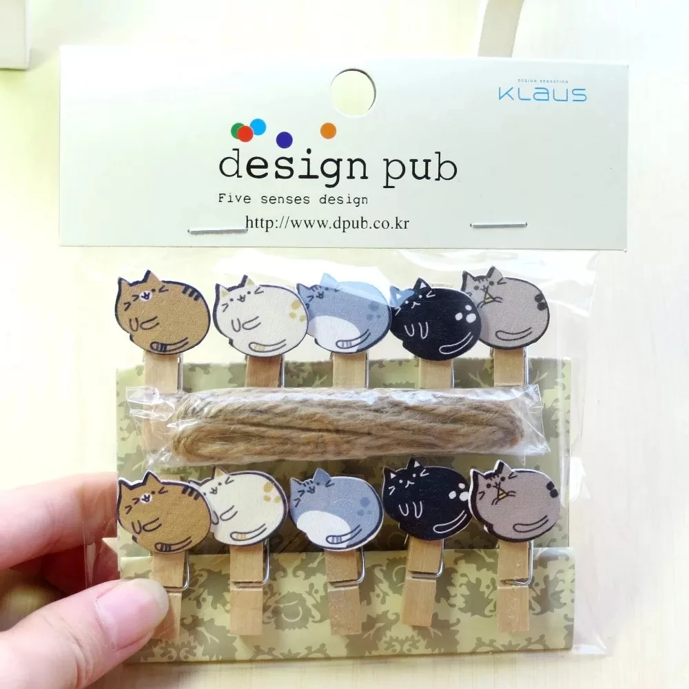10 pcs/lot Kawaii Black and White Cat  Wooden Clip Photo paper Clothespin Craft Clips Party Decoration Clip with Hemp Rope