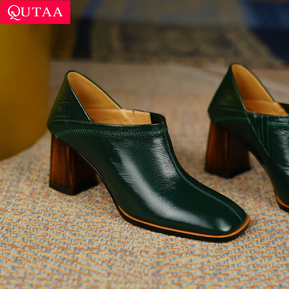 QUTAA 2022 Square Toe Square High Heels High Quality Genuine Leather Female Shoes Spring Autumn Dress Women Pumps Size 34-39