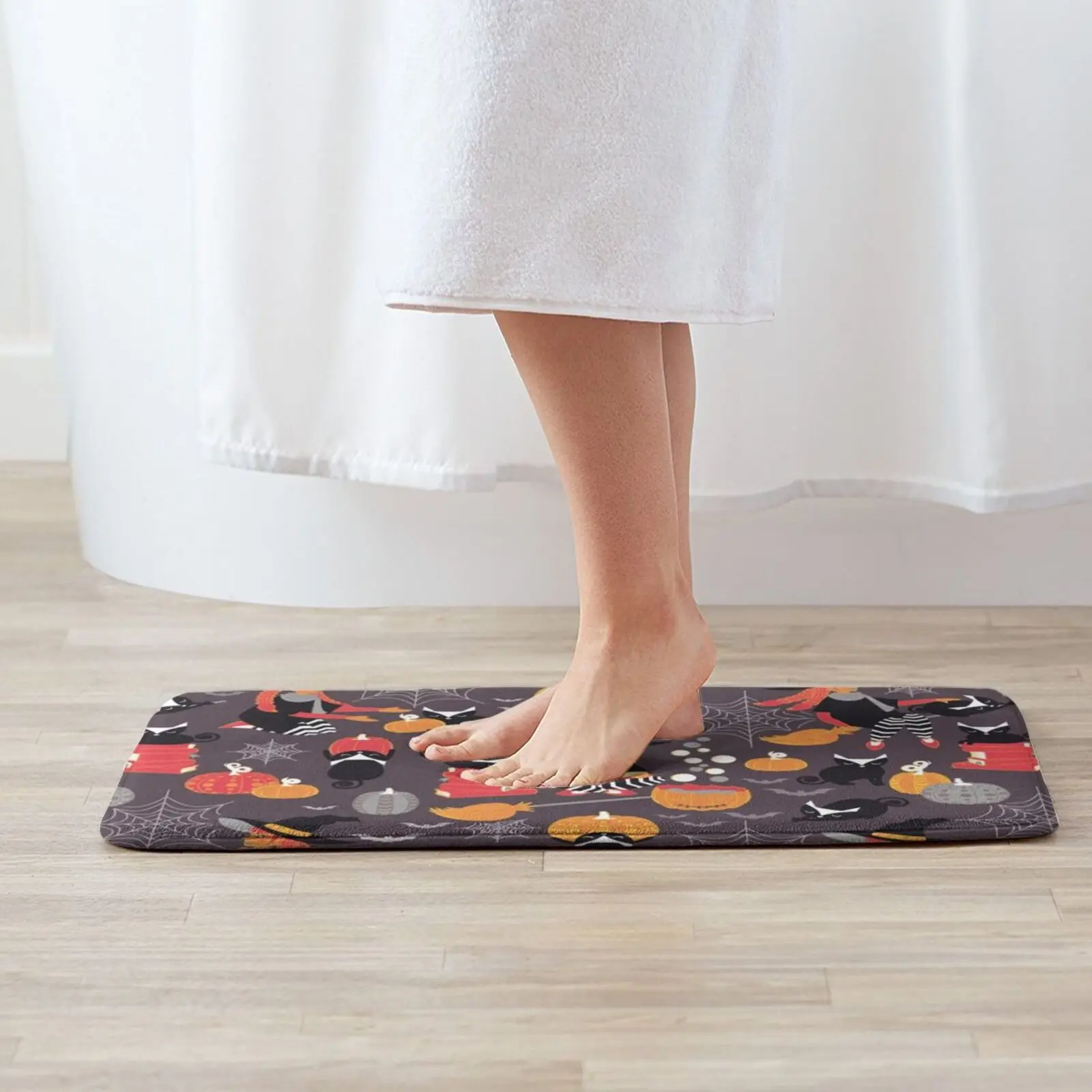 Enchanted Vintage Halloween Spell Soft Non-Slip Mat Rug Carpet Cushion Pattern Patterns Purple Orange Black Cat Red