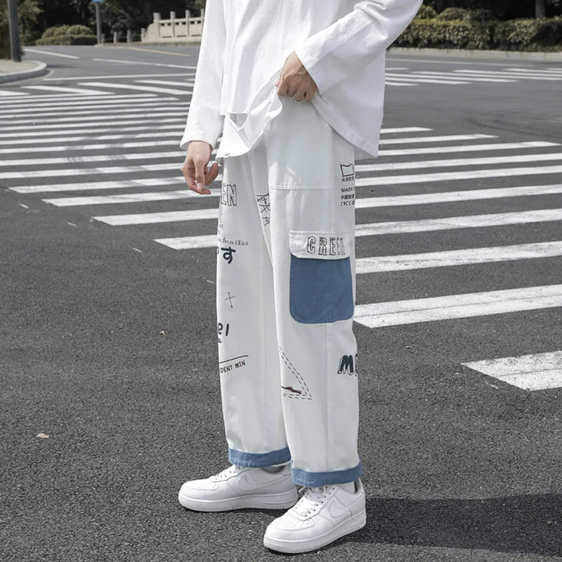 ICCLEK Graffiti Jeans Men's Loose Straight Overalls Winter Thicken Jeans Wide Leg Pants Plus Size Jeans  Patchwork Jeans