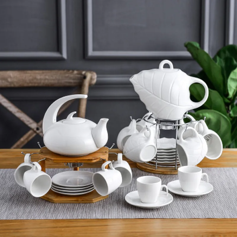 European-style Wooden Bracket Cup Hanging Candle Heating Moonlight Shape Ceramic Coffee Tea Set Restaurant Household Coffee Set