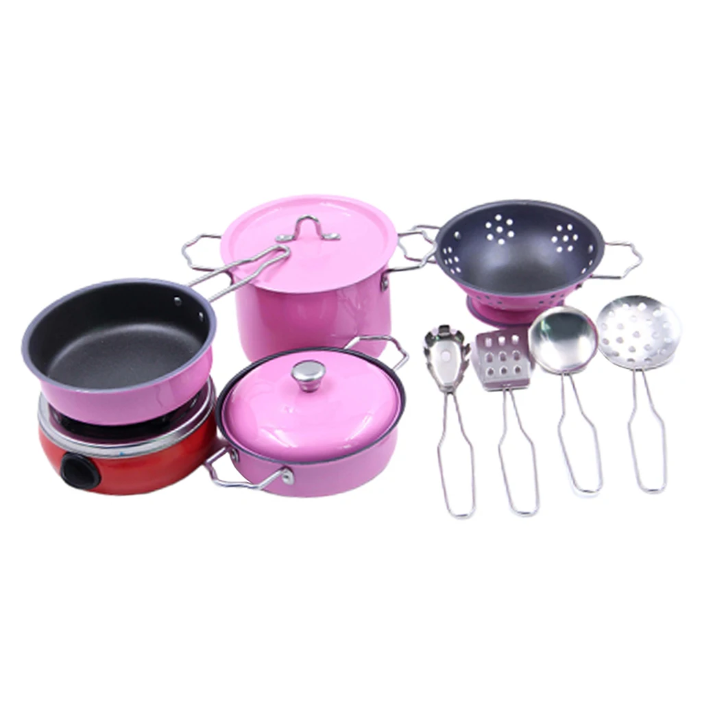 Rosa 11 stücke Kid Pretend Spielen Edelstahl Kochen Kochgeschirr Küche Spielzeug Set