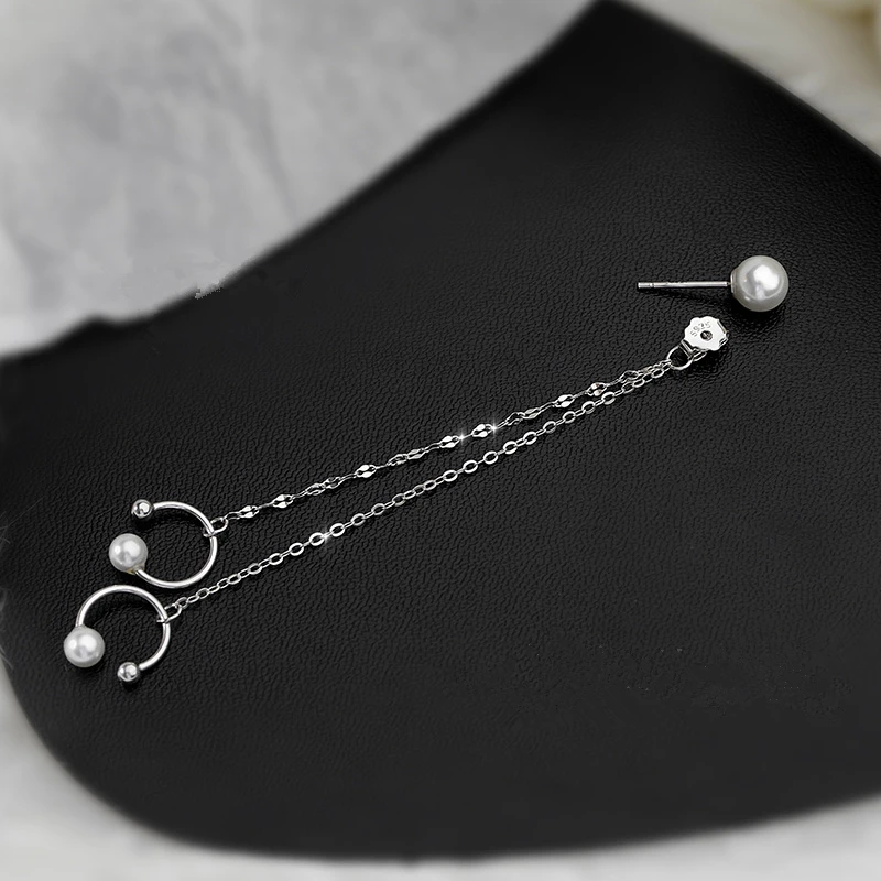 LIVVY Silver Color Pearl Chain Eardrop Earrings Personality Integrated Trendy Party Jewelry Accessories Gifts