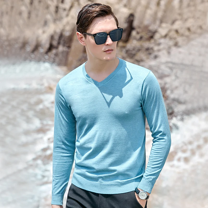 

New Man Spring Thin Wool Sweater Casual Pure Color Formal Knit T Shirts V-Neck Jumper Tops Long Sleeve