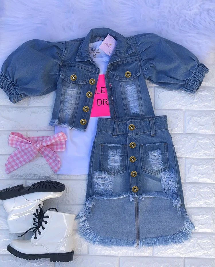 1-6Y Fashion Infant Baby Girls Clothes Sets Denim Blue Long Puff Sleeve Single Breasted Jacket Tops+Pencil Skirts 2pcs