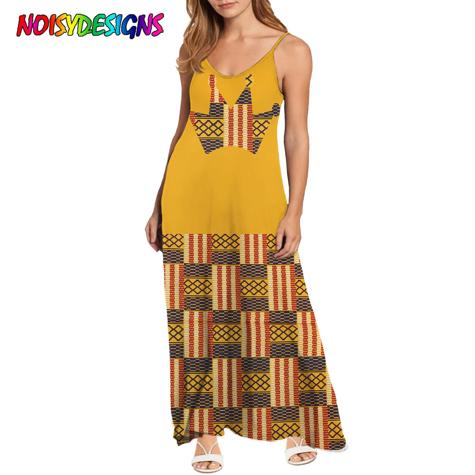 NOISYDESIGNS African Tribal Printing Yellow Summer Dress Woman Robe Sleeveless Elegant Long Dress Holiday Travel Daily Office