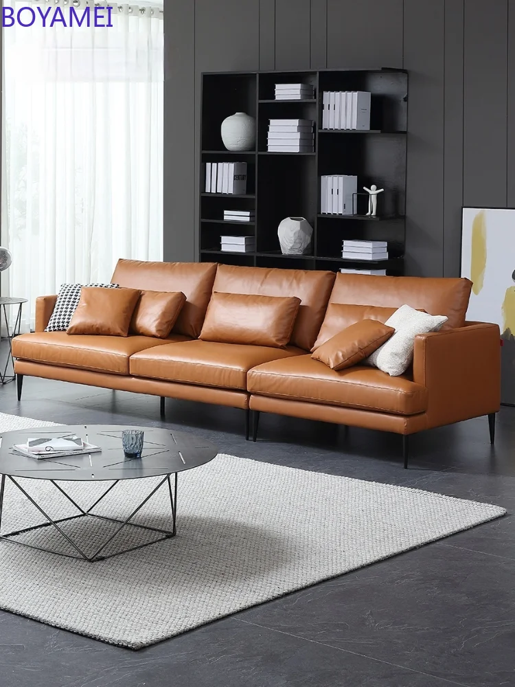 Nordic leather sofa first floor cowhide small apartment living room Italian modern three-person down light luxury leather sofa