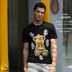 AlexPlein Smiling Face $ Rhinestones Diamond T Shirt Funny Men's Clothing Fashion 100%Cotton Streetwear O Neck 2022 Short Sleeve
